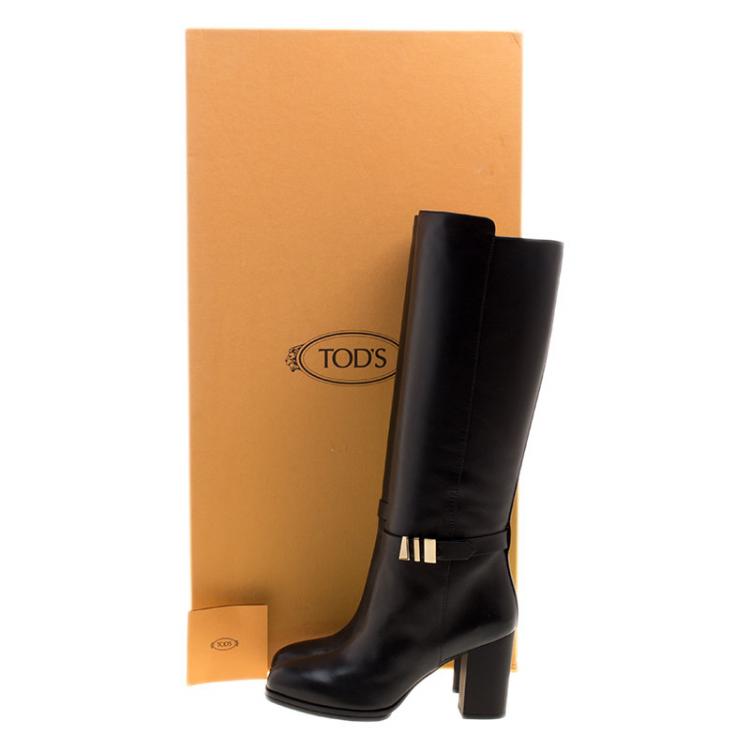 Pre Owned Tod's Black Leather Block Heel Buckle Tall Boots Size 36.5