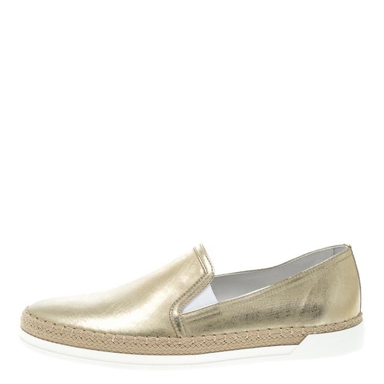Pre Owned Tod's Metallic Gold Leather Pantofola Espadrille Slip On Sneakers Size 38