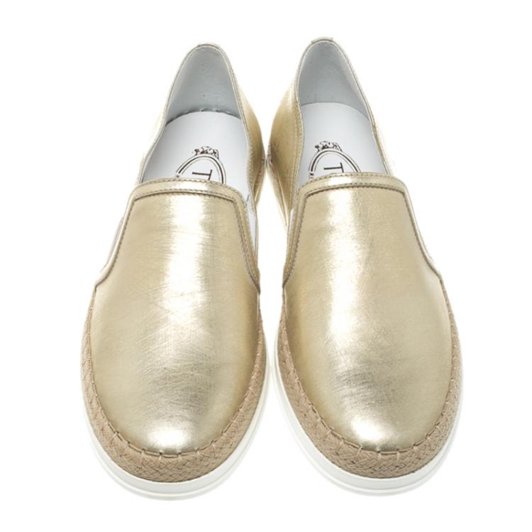 Pre Owned Tod's Metallic Gold Leather Pantofola Espadrille Slip On Sneakers Size 38