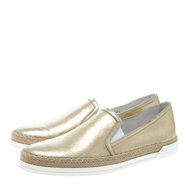 Pre Owned Tod's Metallic Gold Leather Pantofola Espadrille Slip On Sneakers Size 38
