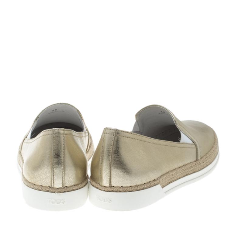 Pre Owned Tod's Metallic Gold Leather Pantofola Espadrille Slip On Sneakers Size 38
