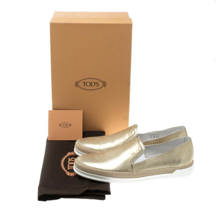 Pre Owned Tod's Metallic Gold Leather Pantofola Espadrille Slip On Sneakers Size 38