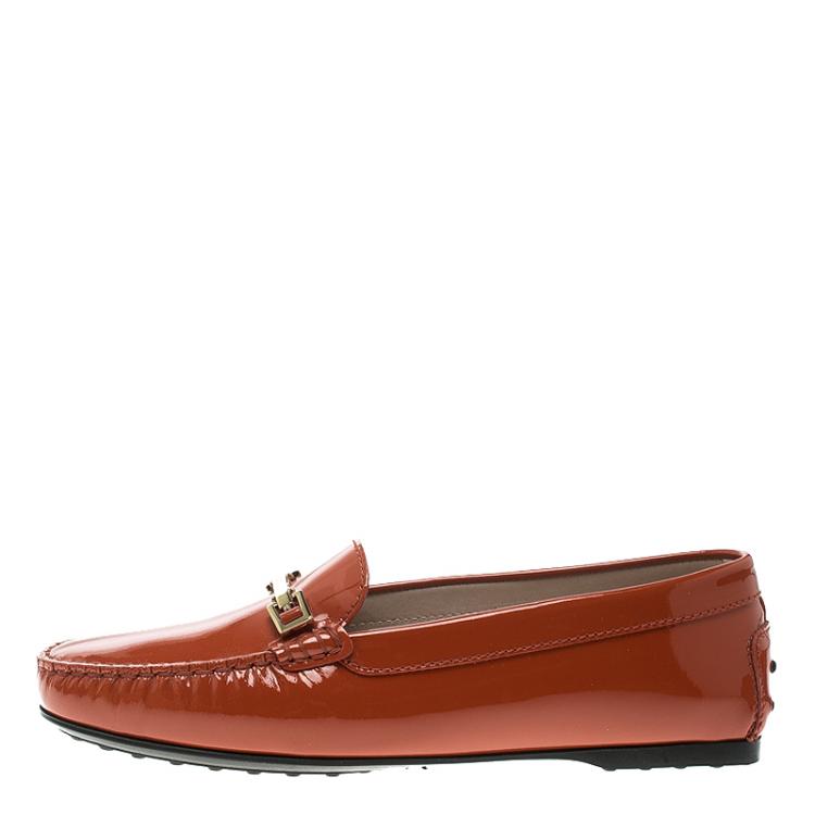 Pre Owned Tod's Orange Patent Leather Horsebit Loafers Size 40
