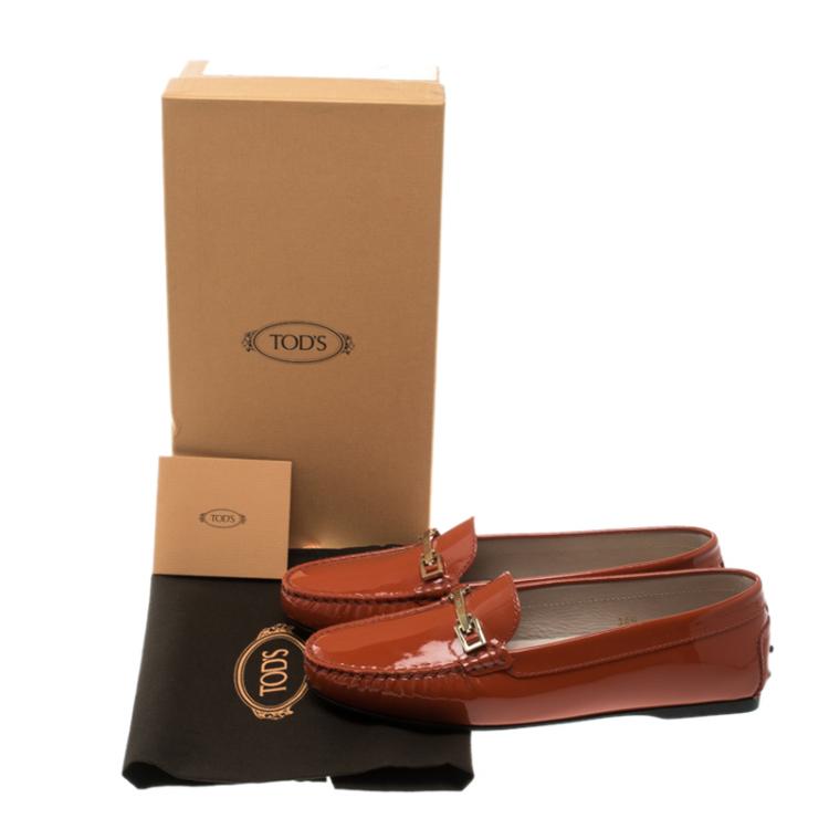 Pre Owned Tod's Orange Patent Leather Horsebit Loafers Size 38.5