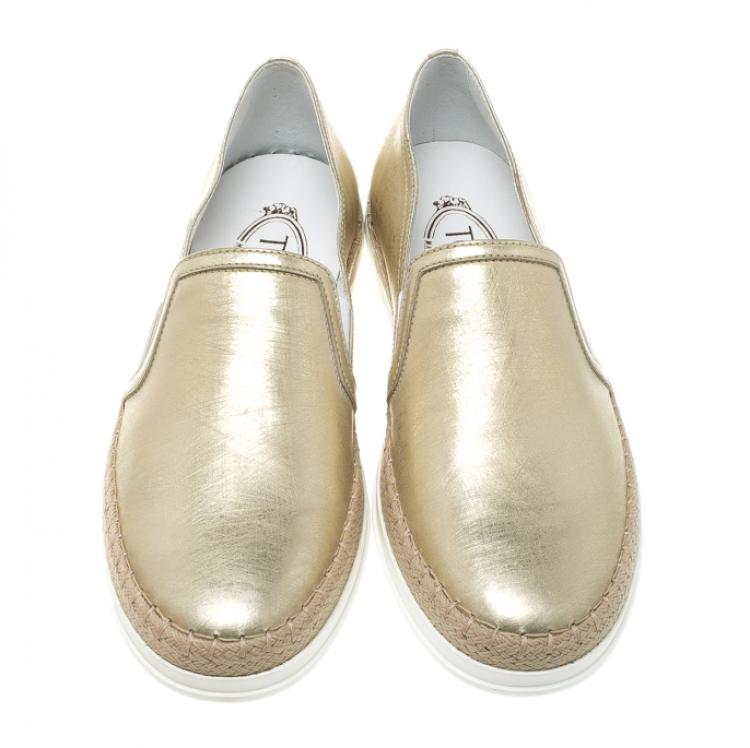 Pre Owned Tod's Metallic Gold Leather Pantofola Espadrille Slip On Sneakers Size 37.5