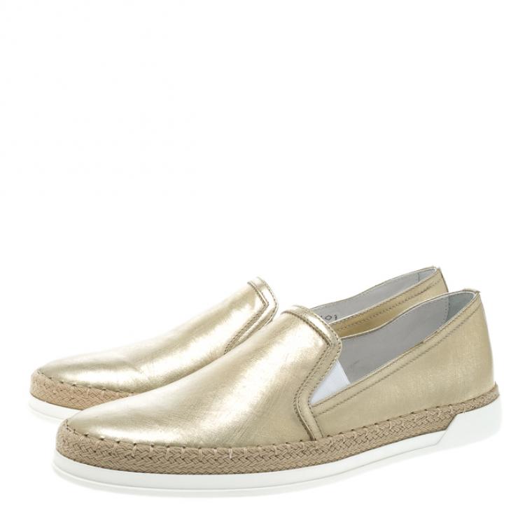 Pre Owned Tod's Metallic Gold Leather Pantofola Espadrille Slip On Sneakers Size 37.5