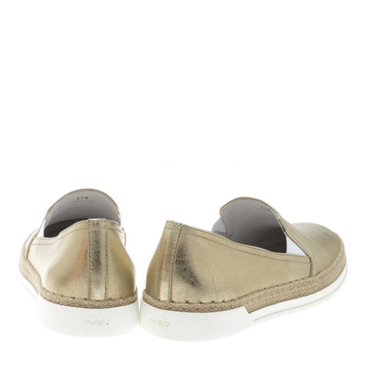 Pre Owned Tod's Metallic Gold Leather Pantofola Espadrille Slip On Sneakers Size 37.5