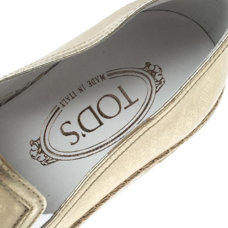 Pre Owned Tod's Metallic Gold Leather Pantofola Espadrille Slip On Sneakers Size 37.5