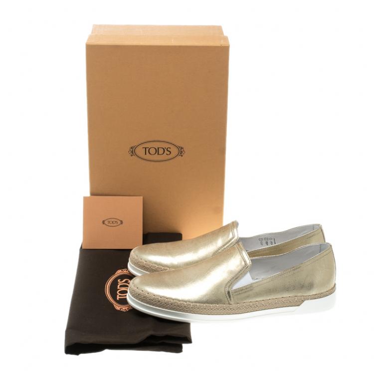 Pre Owned Tod's Metallic Gold Leather Pantofola Espadrille Slip On Sneakers Size 37.5