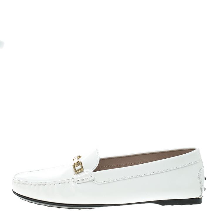 Pre Owned Tod's White Patent Leather Horsebit Loafers Size 39.5