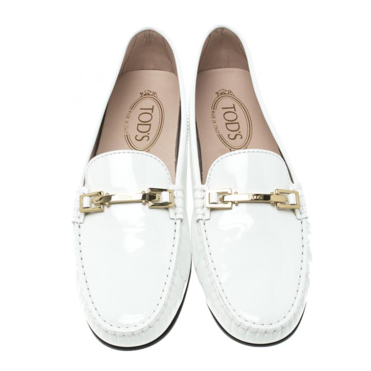 Pre Owned Tod's White Patent Leather Horsebit Loafers Size 39.5