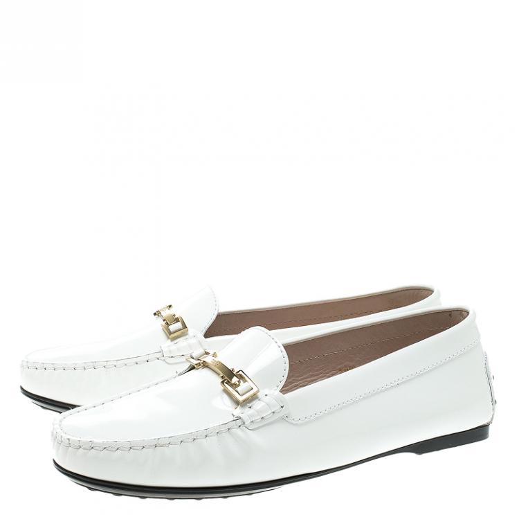 Pre Owned Tod's White Patent Leather Horsebit Loafers Size 39.5