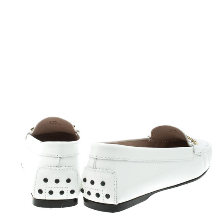 Pre Owned Tod's White Patent Leather Horsebit Loafers Size 39.5