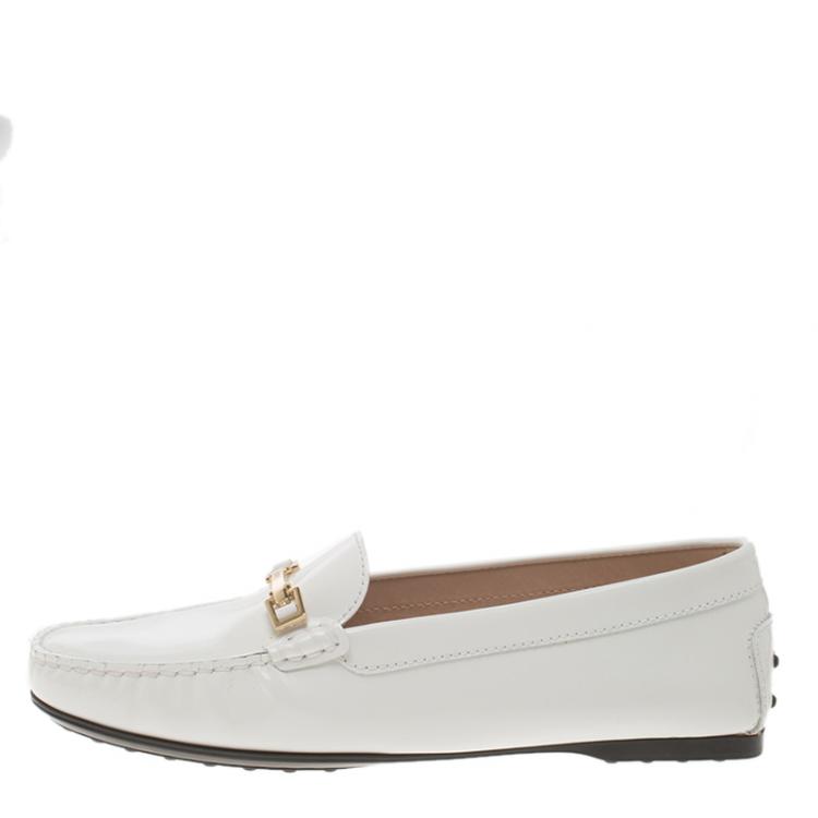 Pre Owned Tod's White Patent Leather Horsebit Loafers Size 40