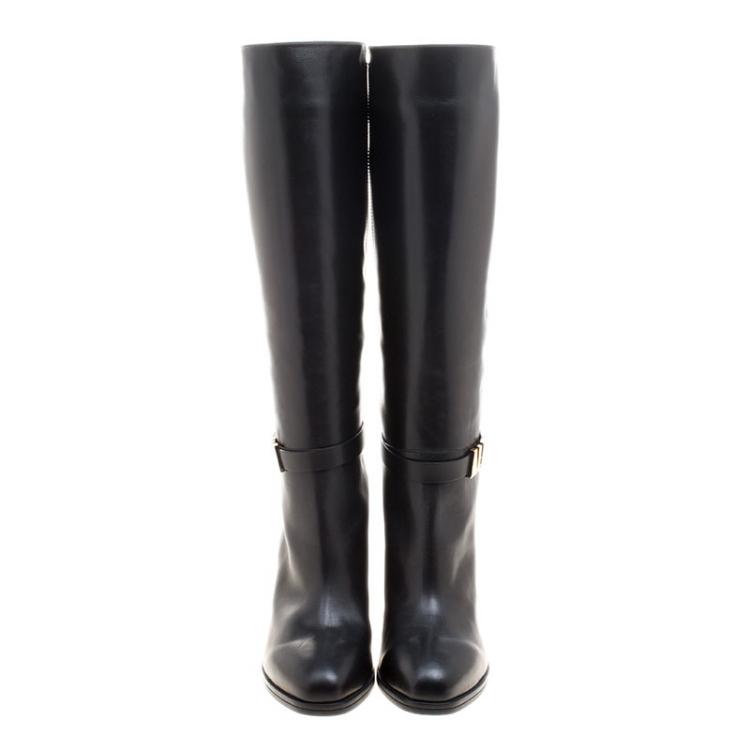 Pre Owned Tod's Black Leather Block Heel Buckle Tall Boots Size 37.5