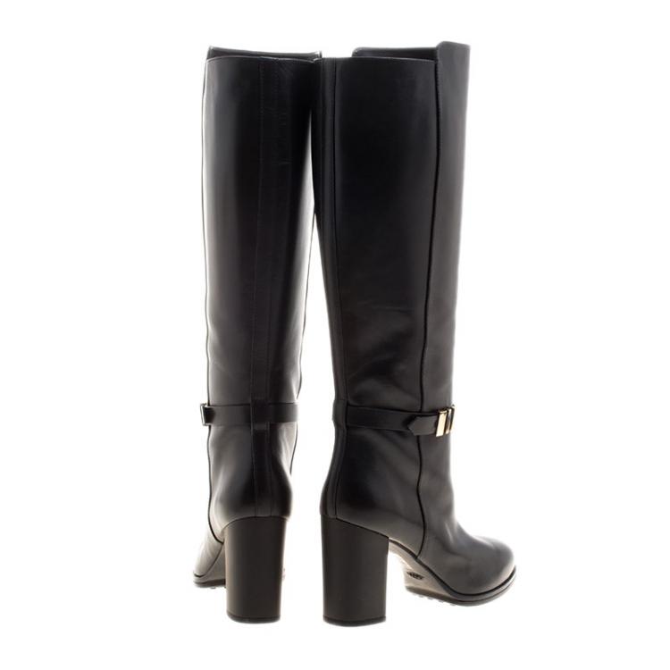 Pre Owned Tod's Black Leather Block Heel Buckle Tall Boots Size 37.5
