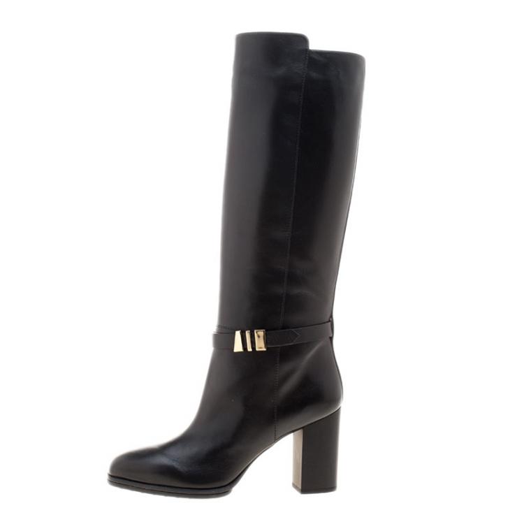 Pre Owned Tod's Black Leather Block Heel Buckle Tall Boots Size 39.5