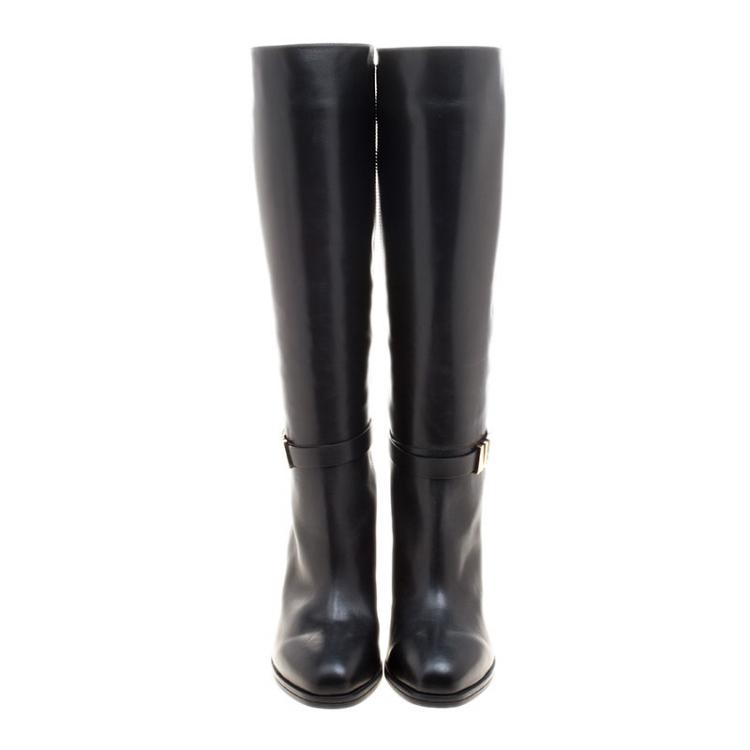 Pre Owned Tod's Black Leather Block Heel Buckle Tall Boots Size 39.5