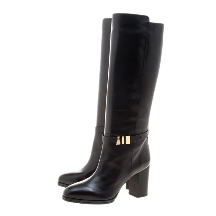 Pre Owned Tod's Black Leather Block Heel Buckle Tall Boots Size 39.5