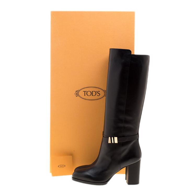 Pre Owned Tod's Black Leather Block Heel Buckle Tall Boots Size 39.5