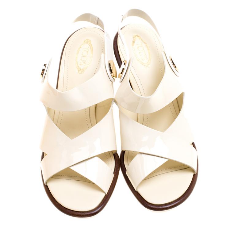 Pre Owned Tod's Cream Leather Cross Strap Slingback Sandals Size 39.5