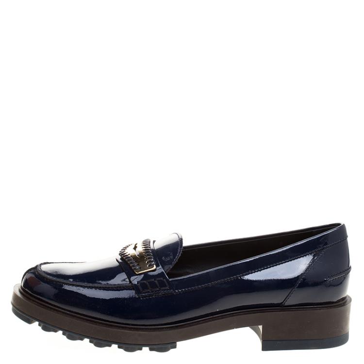 Pre Owned Tod's Blue Patent Leather Whip Stitch Penny Loafers Size 39.5