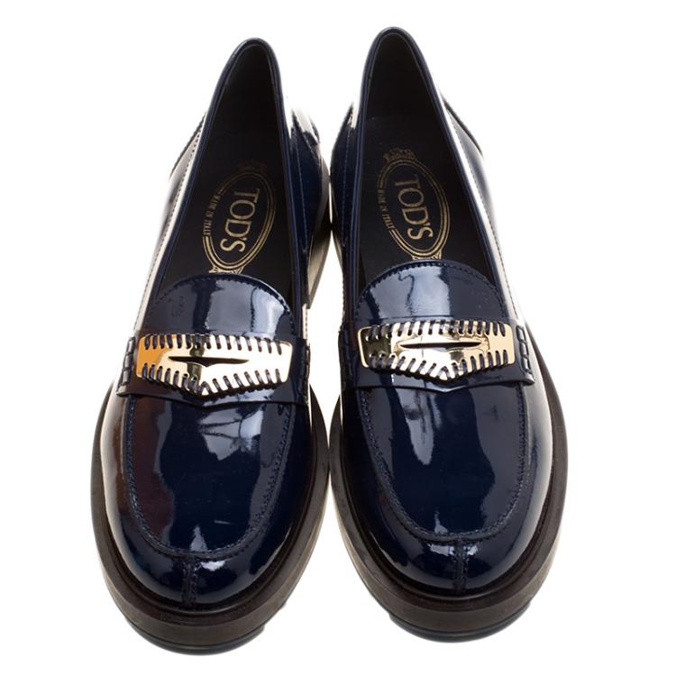 Pre Owned Tod's Blue Patent Leather Whip Stitch Penny Loafers Size 39.5