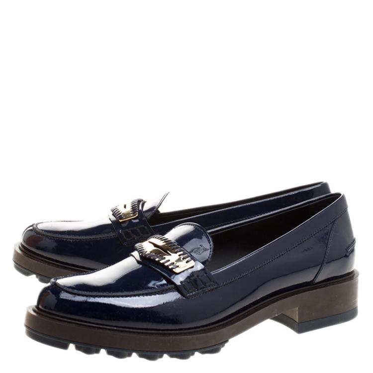 Pre Owned Tod's Blue Patent Leather Whip Stitch Penny Loafers Size 39.5
