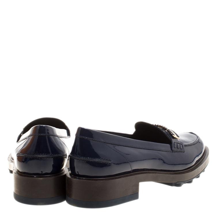 Pre Owned Tod's Blue Patent Leather Whip Stitch Penny Loafers Size 39.5