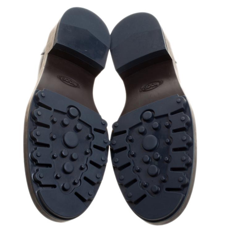 Pre Owned Tod's Blue Patent Leather Whip Stitch Penny Loafers Size 39.5