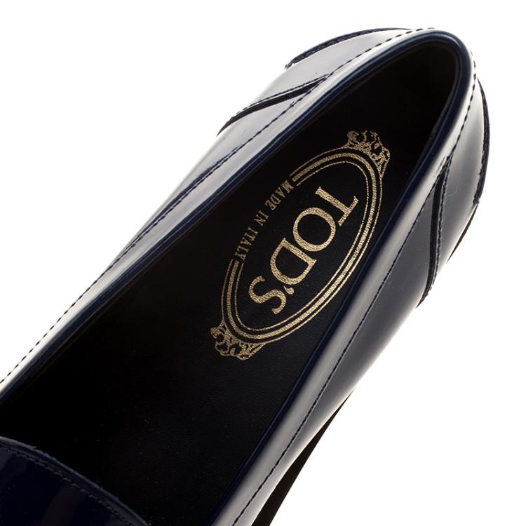 Pre Owned Tod's Blue Patent Leather Whip Stitch Penny Loafers Size 39.5