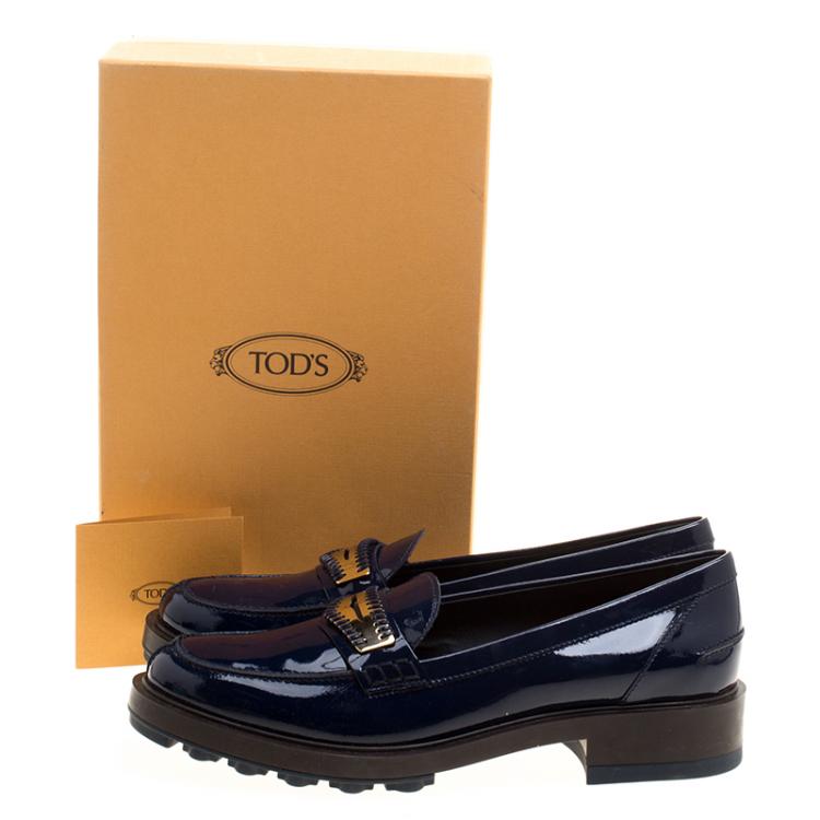Pre Owned Tod's Blue Patent Leather Whip Stitch Penny Loafers Size 39.5