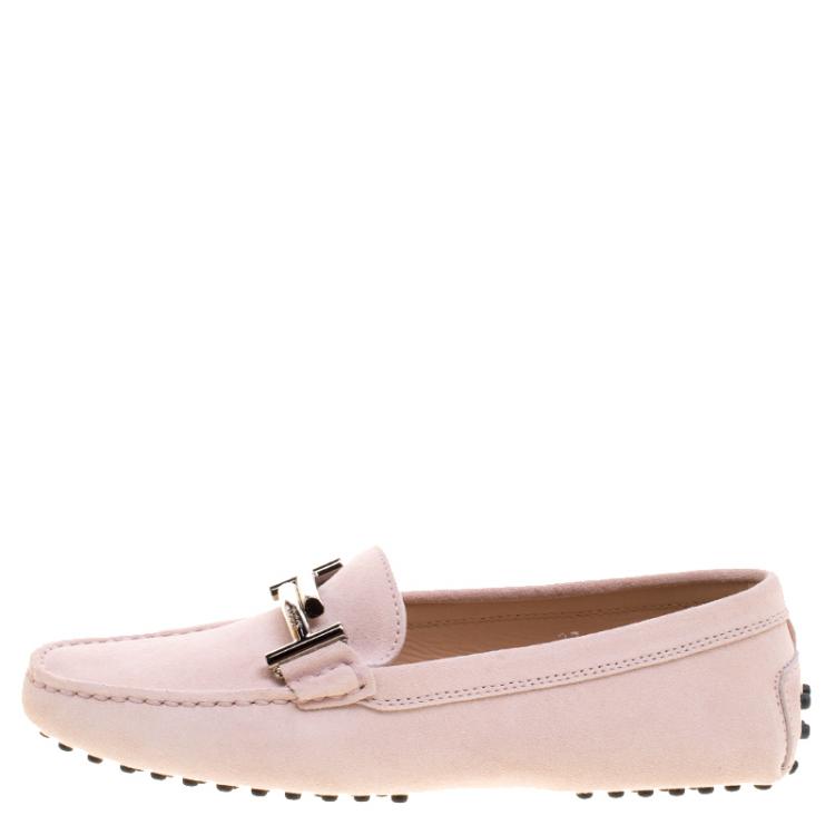 Pre Owned Tod's Blush Pink Suede Double T Buckle Loafers Size 37