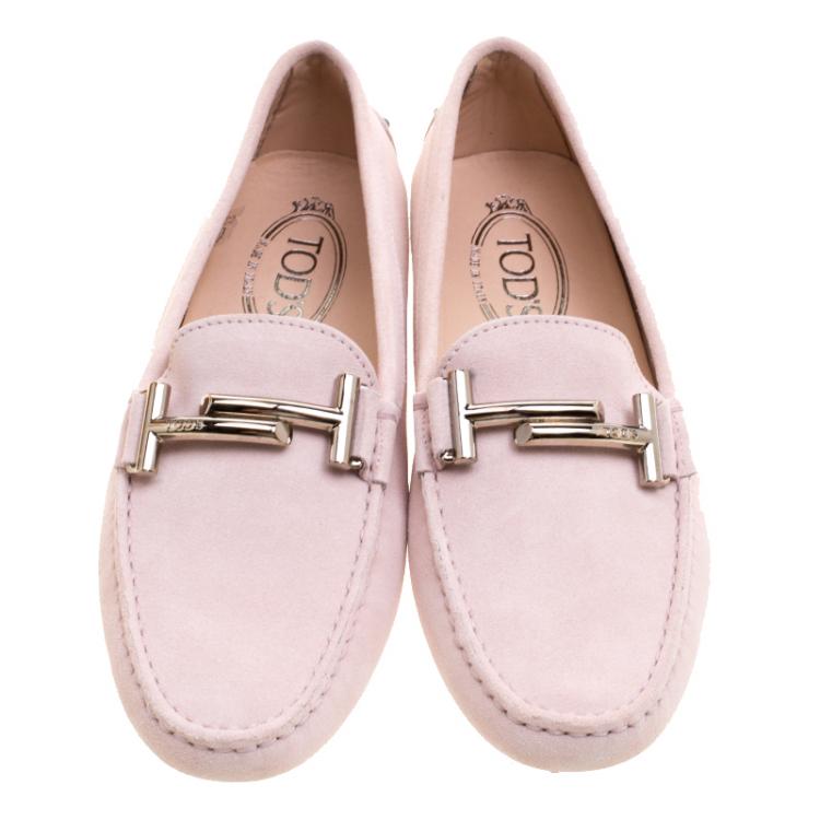 Pre Owned Tod's Blush Pink Suede Double T Buckle Loafers Size 37