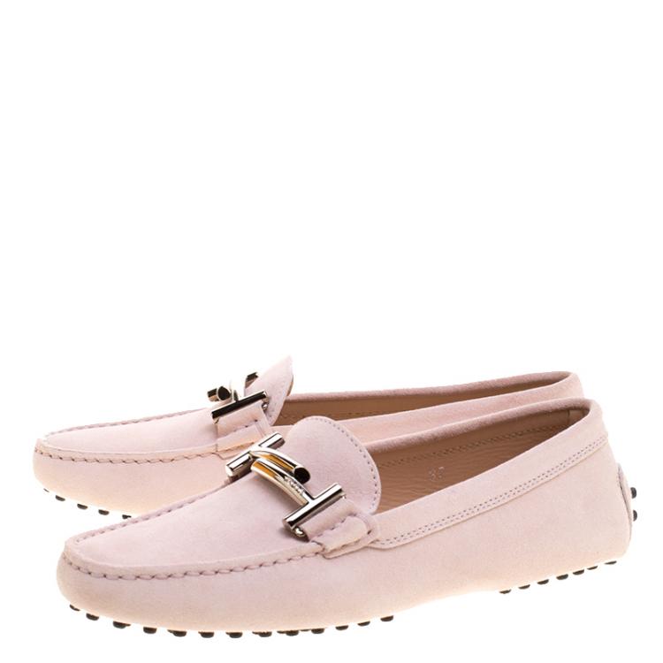 Pre Owned Tod's Blush Pink Suede Double T Buckle Loafers Size 37