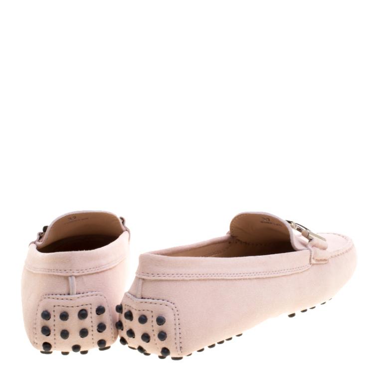 Pre Owned Tod's Blush Pink Suede Double T Buckle Loafers Size 37