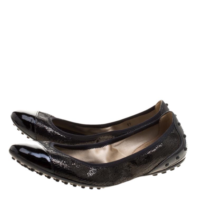 Pre Owned Tod's Black Textured Leather Scrunch Ballet Flats Size 37