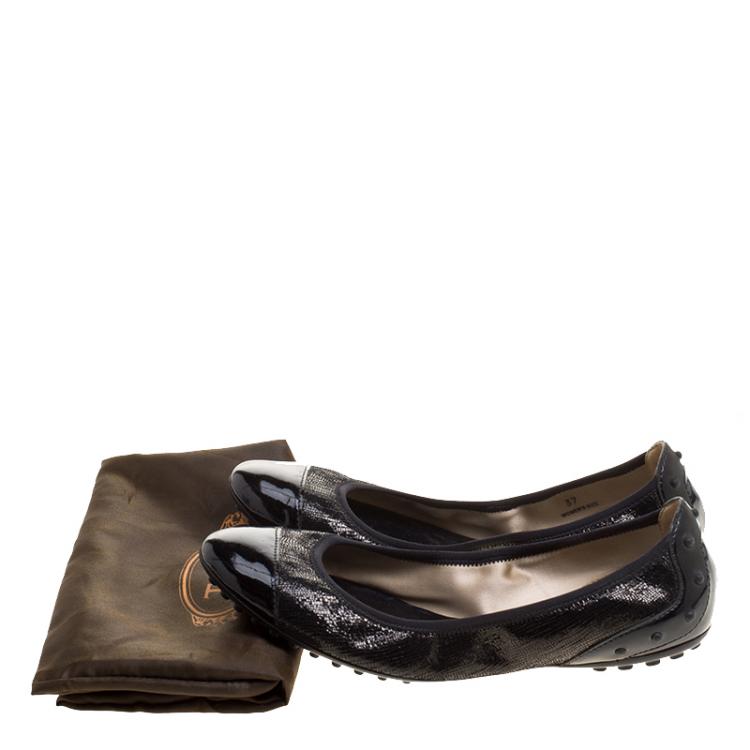 Pre Owned Tod's Black Textured Leather Scrunch Ballet Flats Size 37