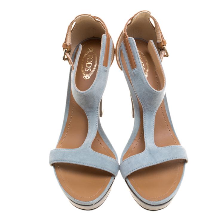 Pre Owned Tod's Two Tone Suede and Leather Open Toe T Strap Platform Sandals Size 38.5