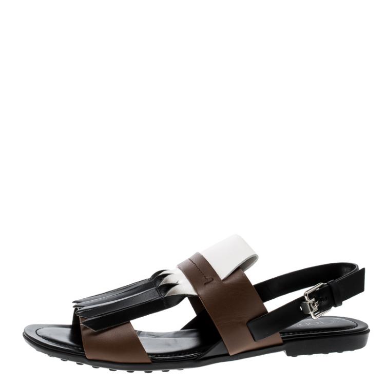 Pre Owned Tod's Tricolor Leather Fringe Flat Sandals Size 38