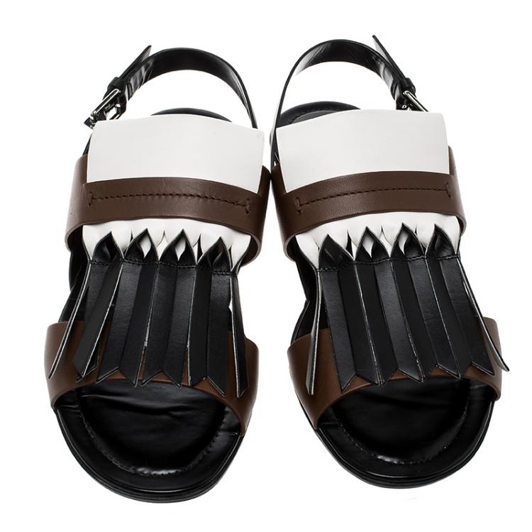 Pre Owned Tod's Tricolor Leather Fringe Flat Sandals Size 38
