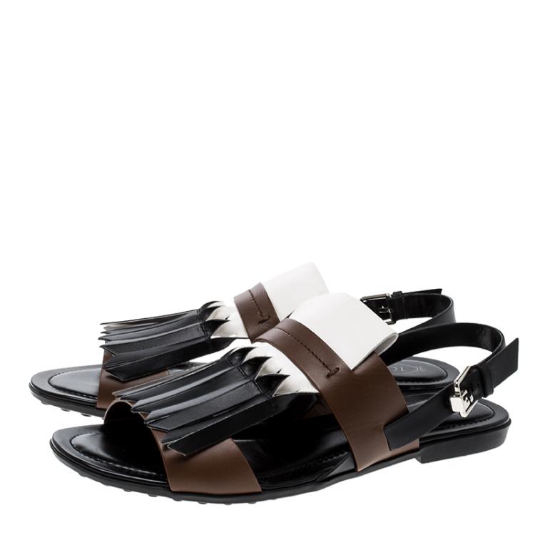 Pre Owned Tod's Tricolor Leather Fringe Flat Sandals Size 38