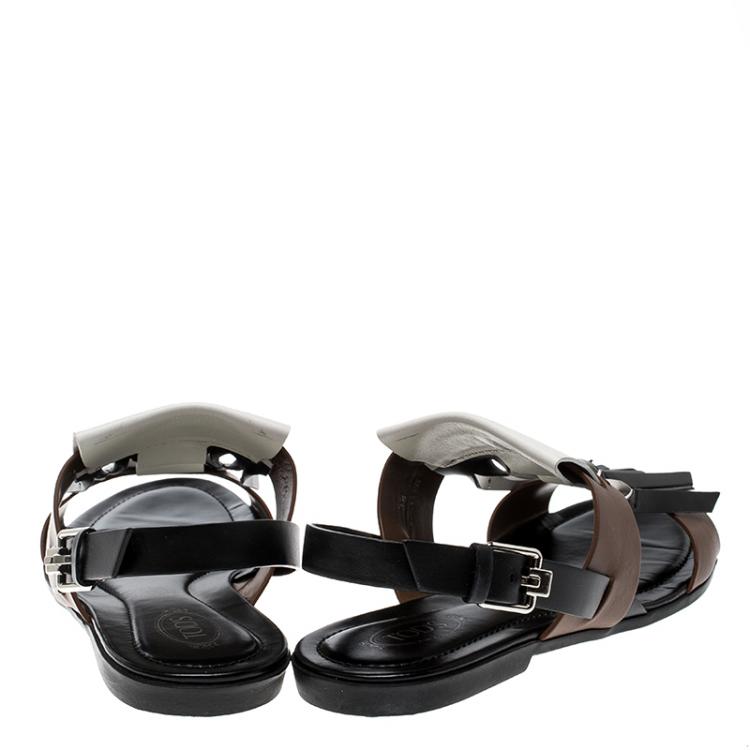 Pre Owned Tod's Tricolor Leather Fringe Flat Sandals Size 38
