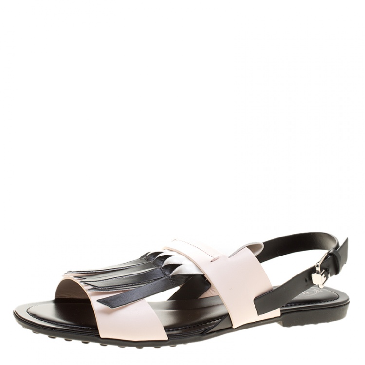 Pre Owned Tod's Tricolor Leather Fringe Detail Flat Sandals Size 39