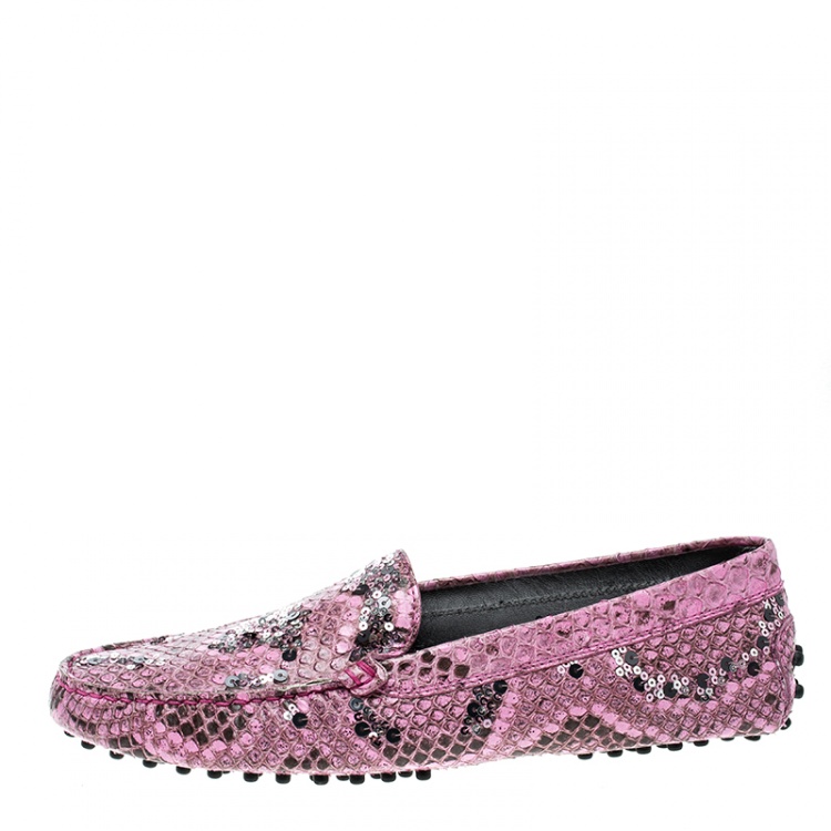 Pre Owned Tod's Limited Edition Pink Python Leather Sequins Embellished Loafers Size 39