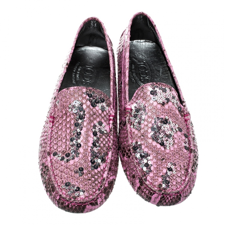 Pre Owned Tod's Limited Edition Pink Python Leather Sequins Embellished Loafers Size 39