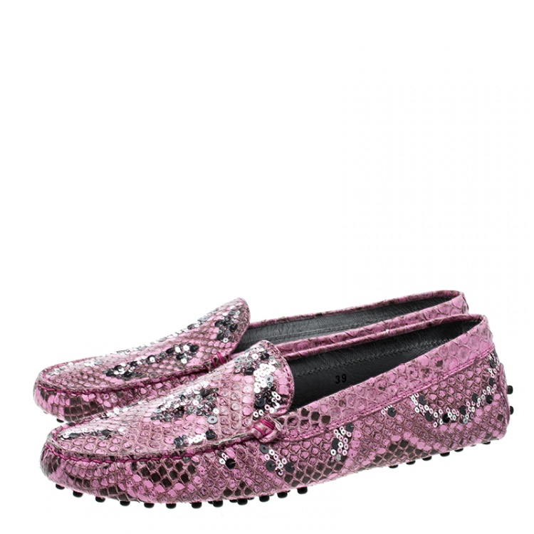 Pre Owned Tod's Limited Edition Pink Python Leather Sequins Embellished Loafers Size 39