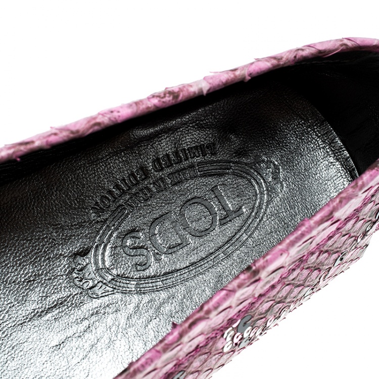 Pre Owned Tod's Limited Edition Pink Python Leather Sequins Embellished Loafers Size 39