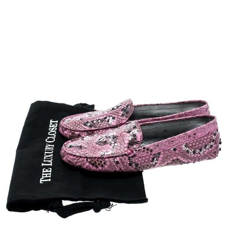 Pre Owned Tod's Limited Edition Pink Python Leather Sequins Embellished Loafers Size 39
