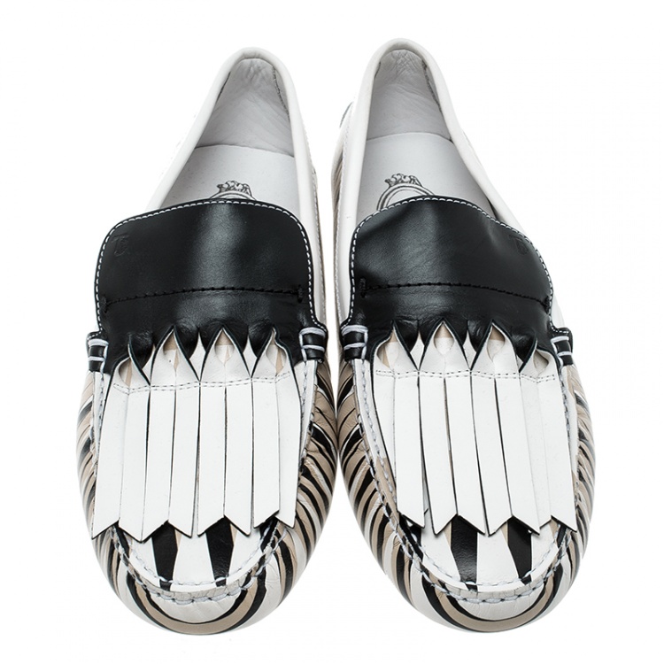 Pre Owned Tod's White Printed Leather Origami Loafers Size 39